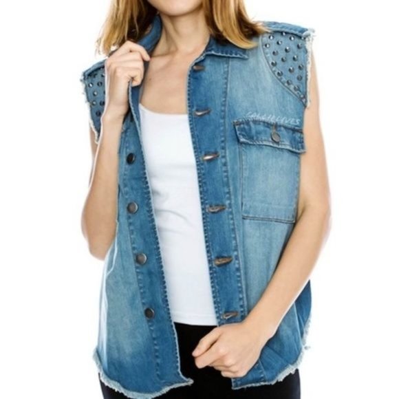 Callie Christian Cross Stud Denim Jean Jacket Vest - Picture 5 of 7